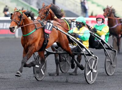 Face Time Bourbon and driver Bjorn Goop winning the Prix d'Amerique for the second straight year.