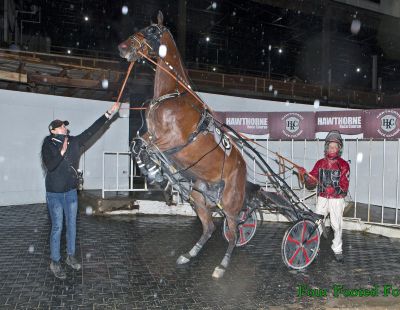 Crankin' It Up doing his thing in the winner's circle for driver Kyle Wilfong