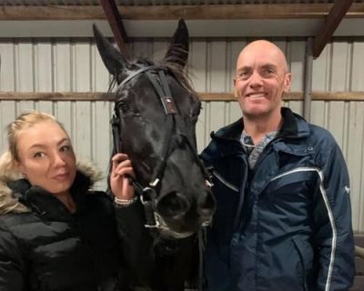 Emma Stewart Stable representatives Hannah and Allan with the exciting Irish Black Label