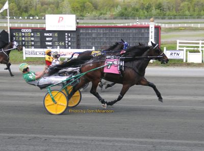 Smooth Aceleration (#7) and driver Matty Athearn zoom by the field to win in a photo finish