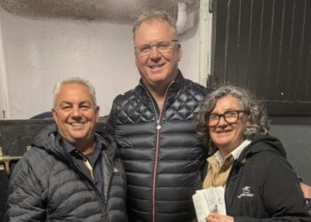 Harnesslink owner Michael Harvey with leading US Trainer Ron Burke and Head of Letrot Emmanuelle Morvillers